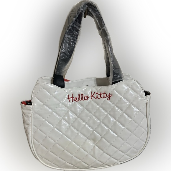 VTG LOUNGEFLY HELLO KITTY WHITE QUILTED SANRIO RED BOW TOTE BAG FLAWED 16”x 12” - Picture 2 of 15